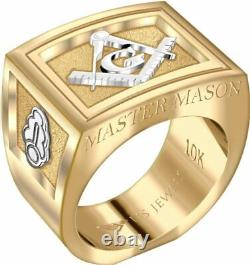 US Jewels Men's Master Mason 14k or 10k Two Tone Yellow and White Gold Ring