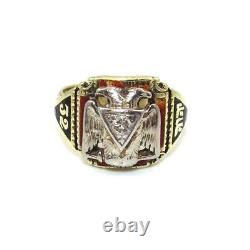 Vintage 14K Yellow Gold Ring Size 9.5 Natural Diamond Masonic Mason 32nd Degree