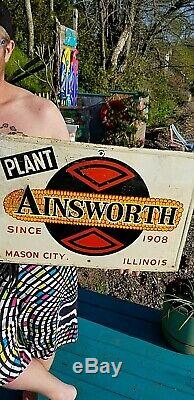 Vintage Ainsworth Seed Corn Pig Cow Feed Metal Sign Mason City IL 24X16