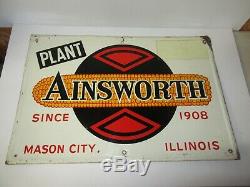 Vintage Embossed Ainsworth Mason City Illinois 16 x 24 Metal Seed Corn Sign