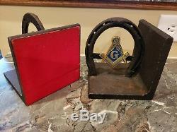 Vintage FREE MASONS MASONIC Metal Horseshoe Bookends with Insignia Attached