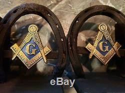 Vintage FREE MASONS MASONIC Metal Horseshoe Bookends with Insignia Attached