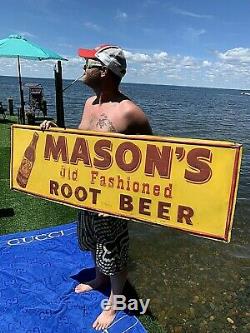 Vintage old Lg Mason Root beer Soda Pop Metal Sign With Bottle Graphic 54X18