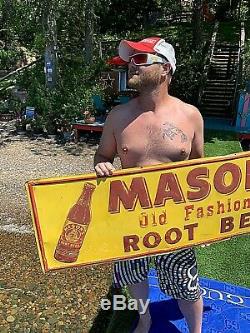 Vintage old Lg Mason Root beer Soda Pop Metal Sign With Bottle Graphic 54X18